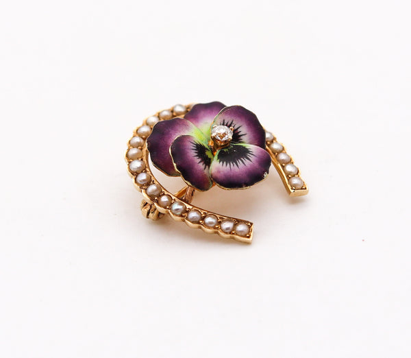 -Art Nouveau 1905 Edwardian Enameled Purple Flower Brooch in 14Kt Gold With Pearls