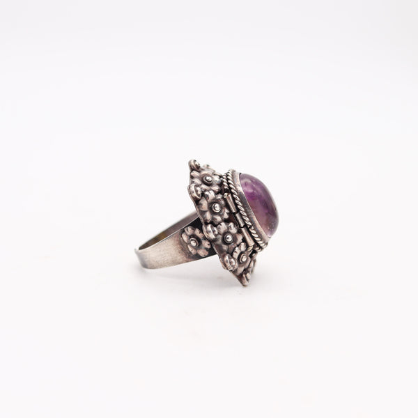 ART-DECO 1930 Poison Hidden-Box Ring In .925 Sterling Silver With Purple Amethyst