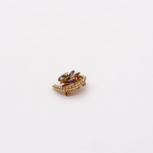 -Art Nouveau 1905 Edwardian Enameled Purple Flower Brooch in 14Kt Gold With Pearls