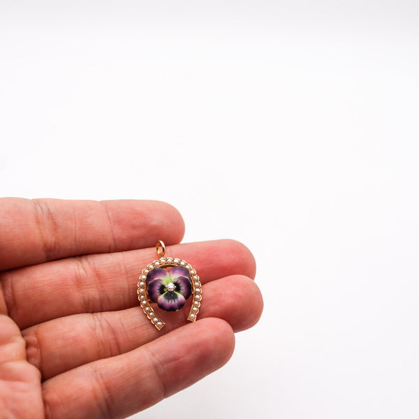 -Art Nouveau 1905 Edwardian Enameled Purple Flower Brooch in 14Kt Gold With Pearls