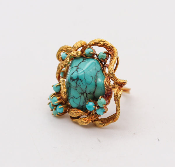 -Retro Modern 1960  Italian Free Form Cocktail Ring In 18Kt Gold With Turquoises