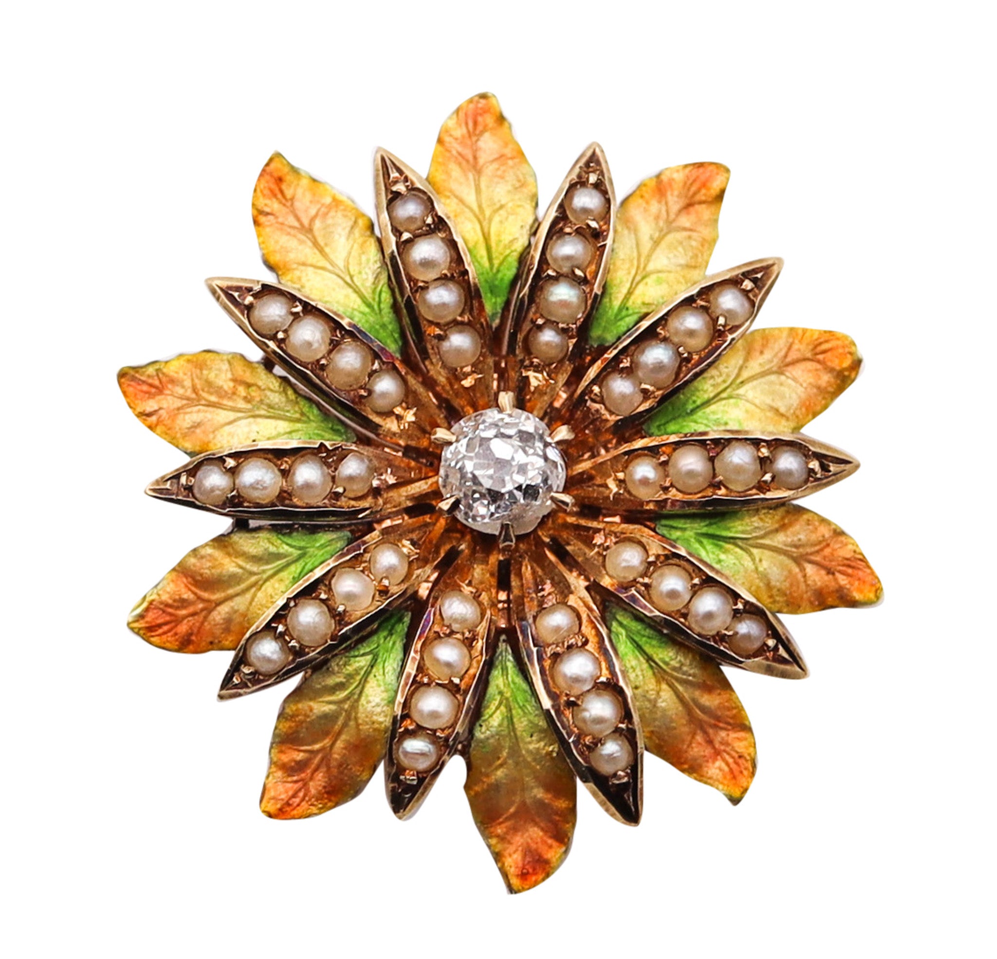 -Edwardian 1908 Enameled Flower Pendant Brooch In 14Kt Gold With Diamond And Pearls