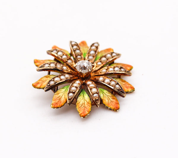 -Edwardian 1908 Enameled Flower Pendant Brooch In 14Kt Gold With Diamond And Pearls