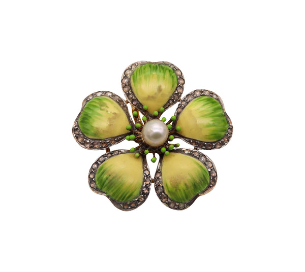 -Edwardian 1905 Art Nouveau Enamel Flower Pendant Brooch In 14Kt Gold With Diamonds