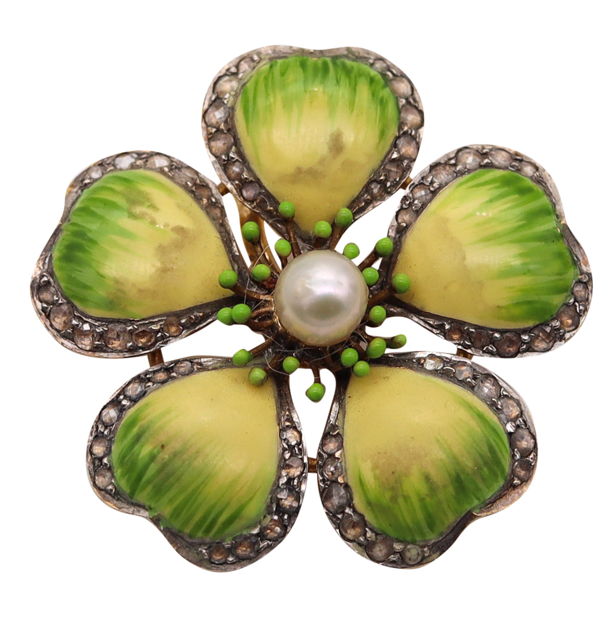 -Edwardian 1905 Art Nouveau Enamel Flower Pendant Brooch In 14Kt Gold With Diamonds