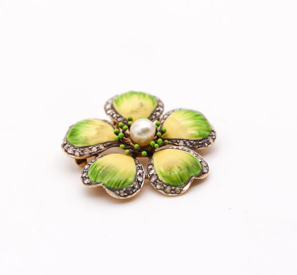-Edwardian 1905 Art Nouveau Enamel Flower Pendant Brooch In 14Kt Gold With Diamonds