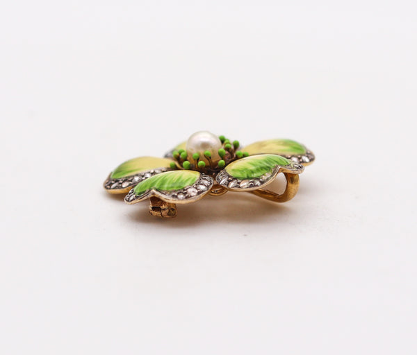 -Edwardian 1905 Art Nouveau Enamel Flower Pendant Brooch In 14Kt Gold With Diamonds