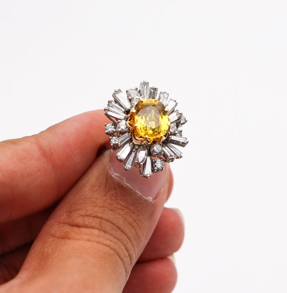 MODERNIST Cluster Cocktail Ring In 18Kt Gold 5.46 Ctw In Diamonds & Yellow Sapphires