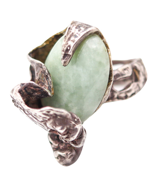 BRUTALIST 1955 Post-War Sculptural Studio Cocktail Ring In Sterling Silver & Jade