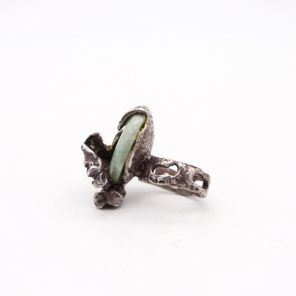 BRUTALIST 1955 Post-War Sculptural Studio Cocktail Ring In Sterling Silver & Jade