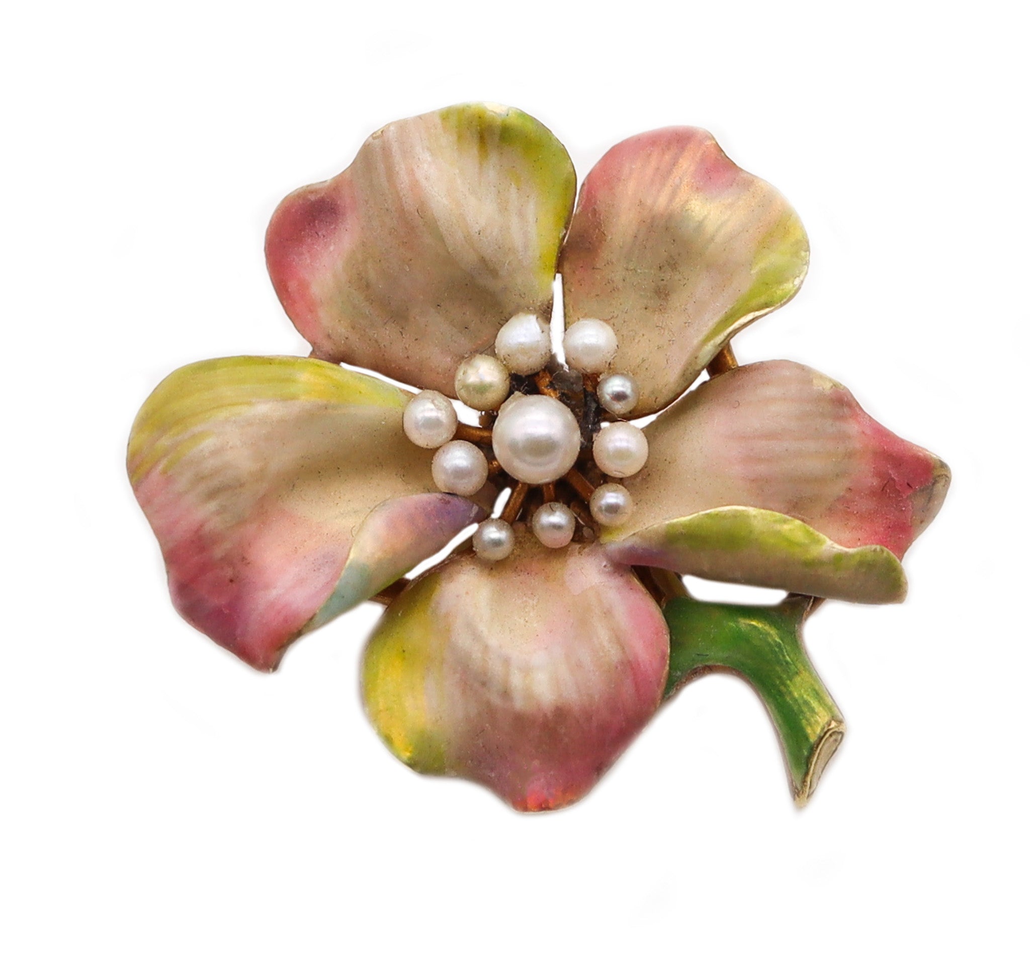 -Art Nouveau 1900 Edwardian Enamel Orchid Flower Brooch In 14Kt Yellow Gold