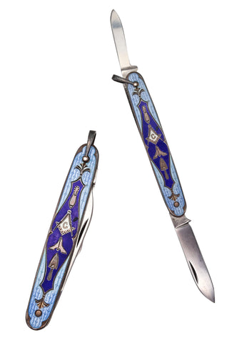 MASONIC 1930 Guilloche Blue Enameled Pocket Knife In Sterling Silver