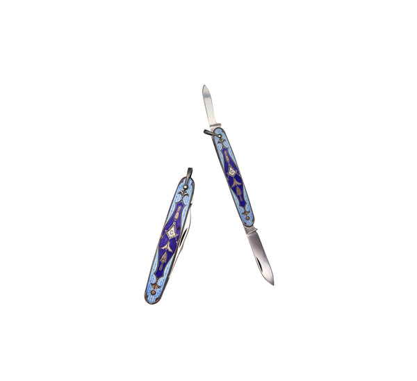 MASONIC 1930 Guilloche Blue Enameled Pocket Knife In Sterling Silver