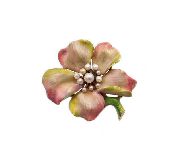 -Art Nouveau 1900 Edwardian Enamel Orchid Flower Brooch In 14Kt Yellow Gold