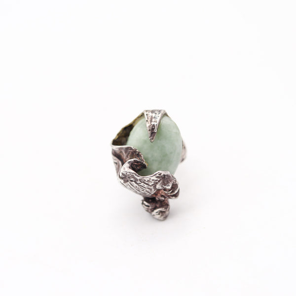 BRUTALIST 1955 Post-War Sculptural Studio Cocktail Ring In Sterling Silver & Jade