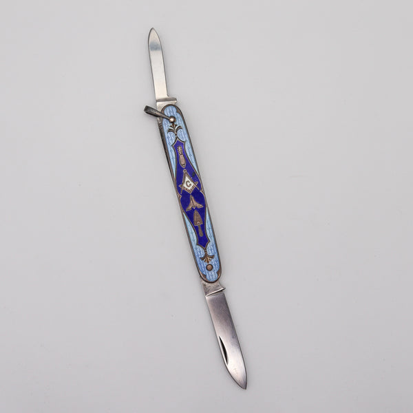 MASONIC 1930 Guilloche Blue Enameled Pocket Knife In Sterling Silver