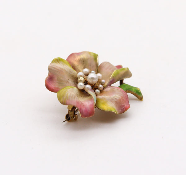 -Art Nouveau 1900 Edwardian Enamel Orchid Flower Brooch In 14Kt Yellow Gold