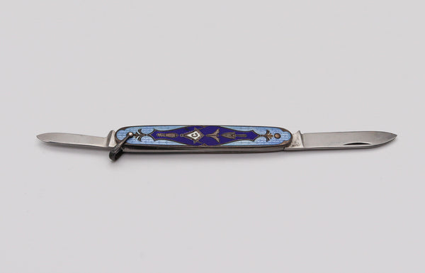 MASONIC 1930 Guilloche Blue Enameled Pocket Knife In Sterling Silver