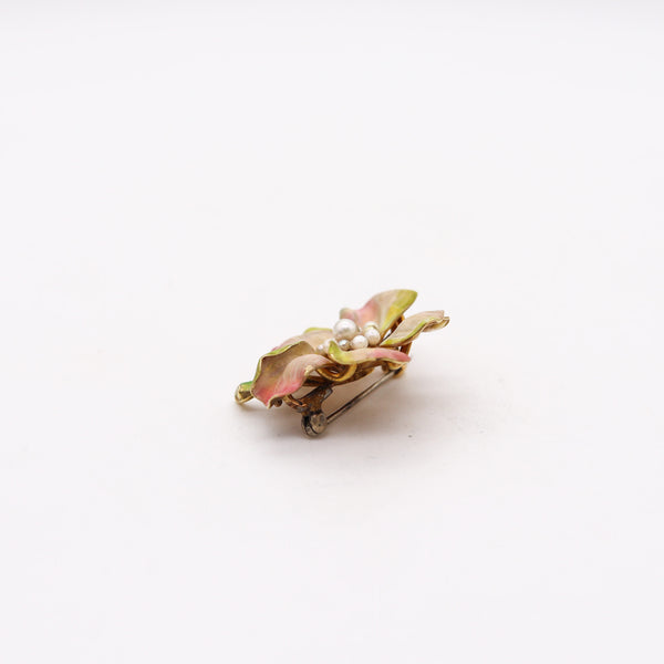 -Art Nouveau 1900 Edwardian Enamel Orchid Flower Brooch In 14Kt Yellow Gold