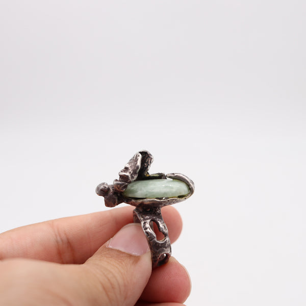 BRUTALIST 1955 Post-War Sculptural Studio Cocktail Ring In Sterling Silver & Jade