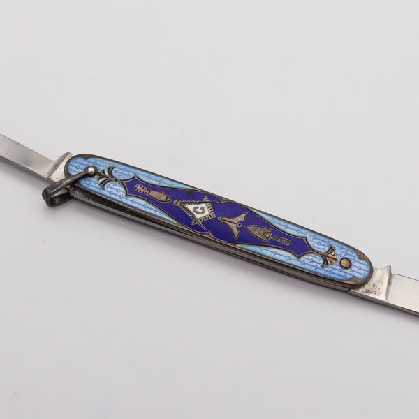 MASONIC 1930 Guilloche Blue Enameled Pocket Knife In Sterling Silver