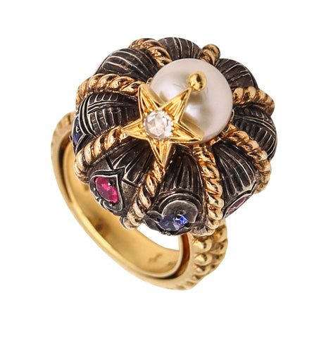 -Nardi Venice Unusual Turban Cocktail Ring In 18Kt Gold With Color Gemstones