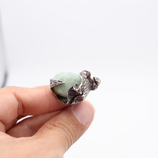 BRUTALIST 1955 Post-War Sculptural Studio Cocktail Ring In Sterling Silver & Jade