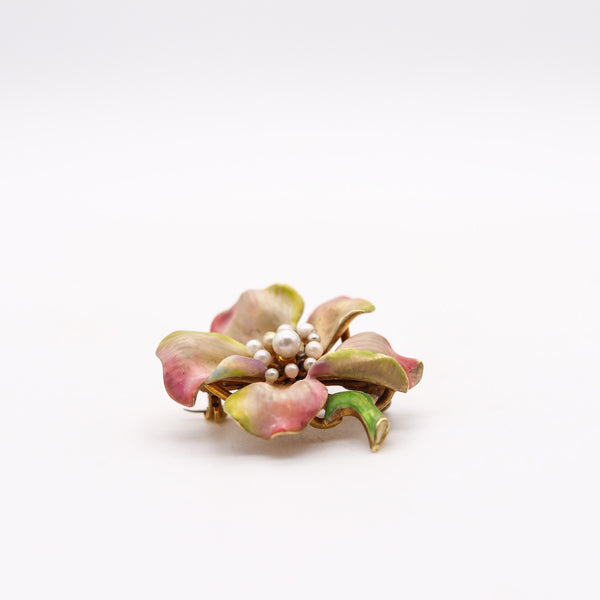 -Art Nouveau 1900 Edwardian Enamel Orchid Flower Brooch In 14Kt Yellow Gold