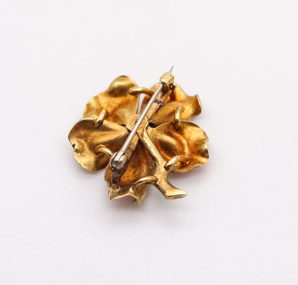 -Art Nouveau 1900 Edwardian Enamel Orchid Flower Brooch In 14Kt Yellow Gold