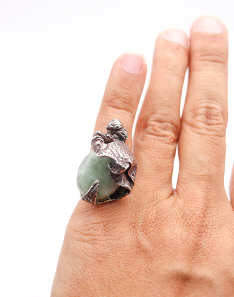 BRUTALIST 1955 Post-War Sculptural Studio Cocktail Ring In Sterling Silver & Jade