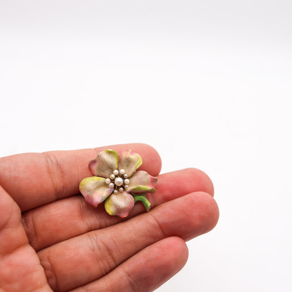 -Art Nouveau 1900 Edwardian Enamel Orchid Flower Brooch In 14Kt Yellow Gold