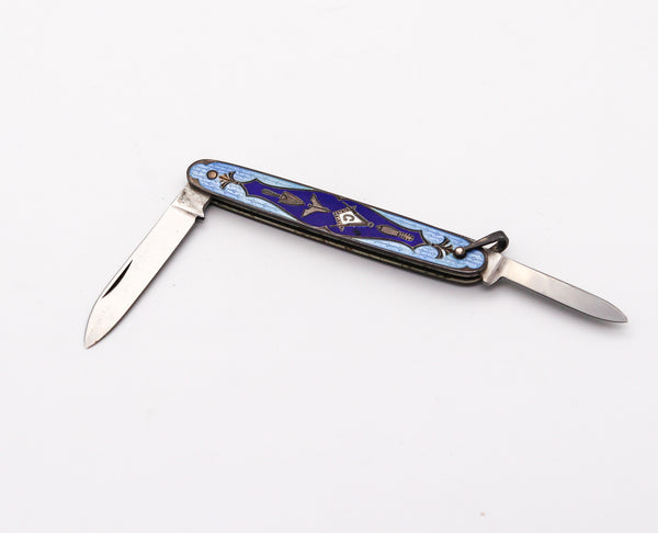 MASONIC 1930 Guilloche Blue Enameled Pocket Knife In Sterling Silver