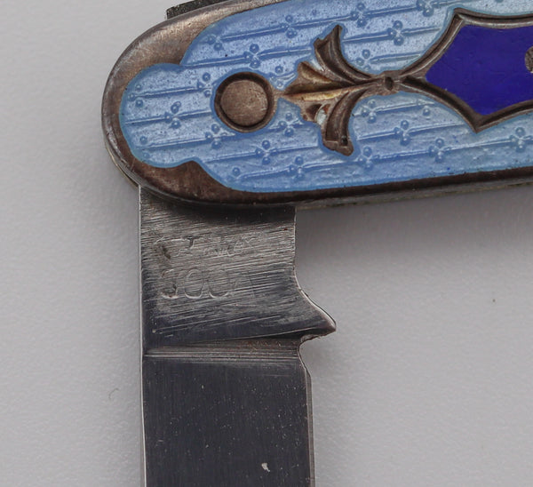 MASONIC 1930 Guilloche Blue Enameled Pocket Knife In Sterling Silver