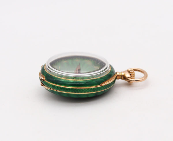 -Edwardian 1905 Swiss Guilloche Green Enamel Pocket Watch In 14Kt Gold With Diamond