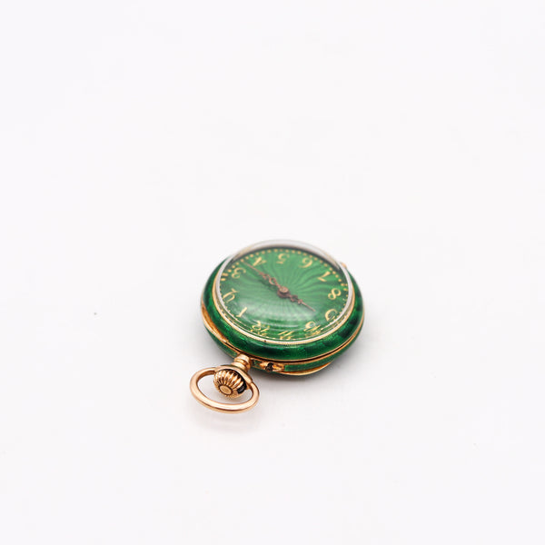 -Edwardian 1905 Swiss Guilloche Green Enamel Pocket Watch In 14Kt Gold With Diamond