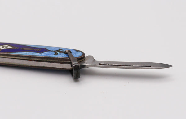 MASONIC 1930 Guilloche Blue Enameled Pocket Knife In Sterling Silver