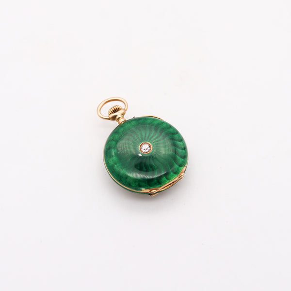 -Edwardian 1905 Swiss Guilloche Green Enamel Pocket Watch In 14Kt Gold With Diamond