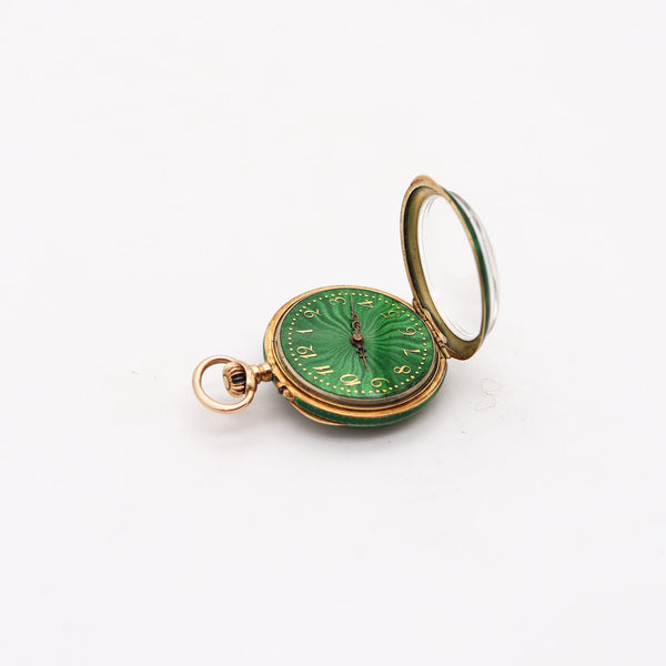-Edwardian 1905 Swiss Guilloche Green Enamel Pocket Watch In 14Kt Gold With Diamond