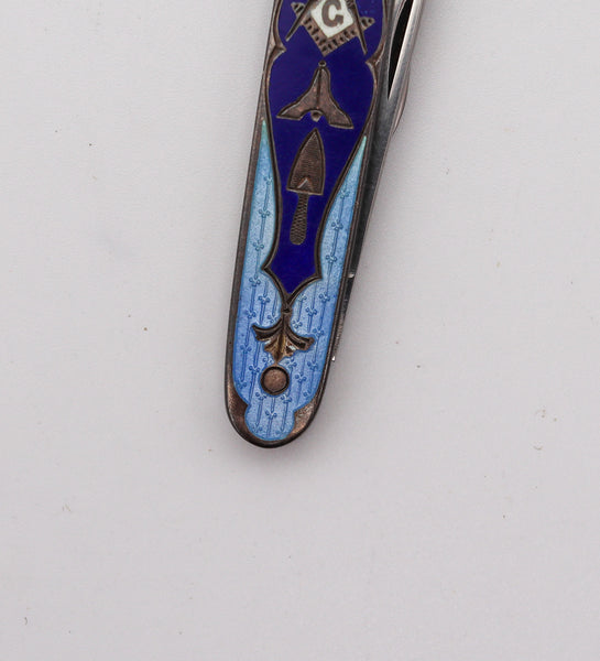 MASONIC 1930 Guilloche Blue Enameled Pocket Knife In Sterling Silver