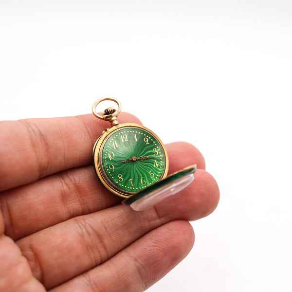 -Edwardian 1905 Swiss Guilloche Green Enamel Pocket Watch In 14Kt Gold With Diamond