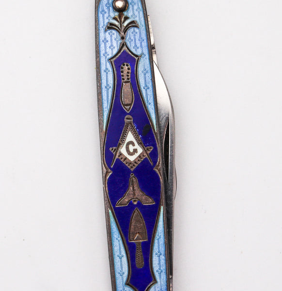 MASONIC 1930 Guilloche Blue Enameled Pocket Knife In Sterling Silver