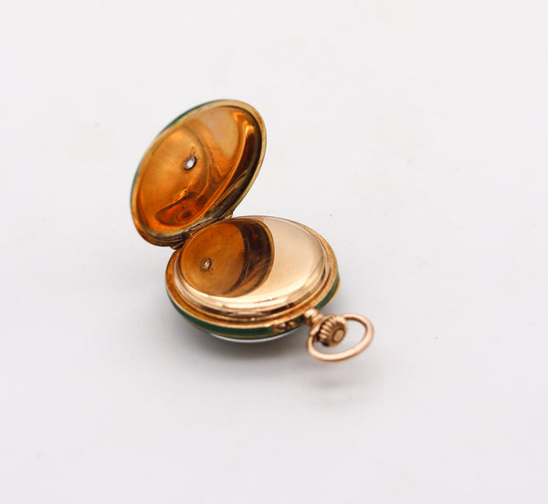 -Edwardian 1905 Swiss Guilloche Green Enamel Pocket Watch In 14Kt Gold With Diamond