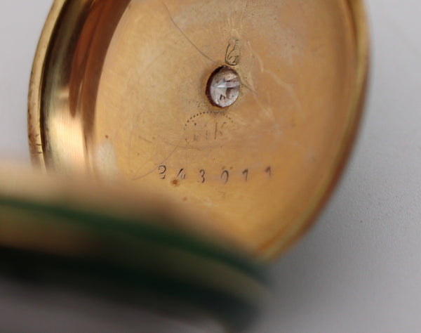 -Edwardian 1905 Swiss Guilloche Green Enamel Pocket Watch In 14Kt Gold With Diamond