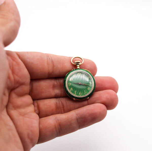 -Edwardian 1905 Swiss Guilloche Green Enamel Pocket Watch In 14Kt Gold With Diamond