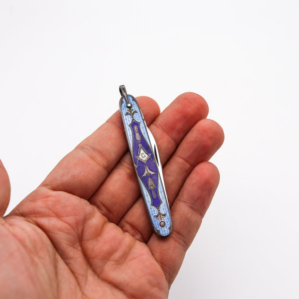 MASONIC 1930 Guilloche Blue Enameled Pocket Knife In Sterling Silver