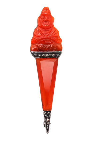 -Germany 1920 Art Deco Carved Carnelian Buddha Brooch In Sterling Silver With Marcasite