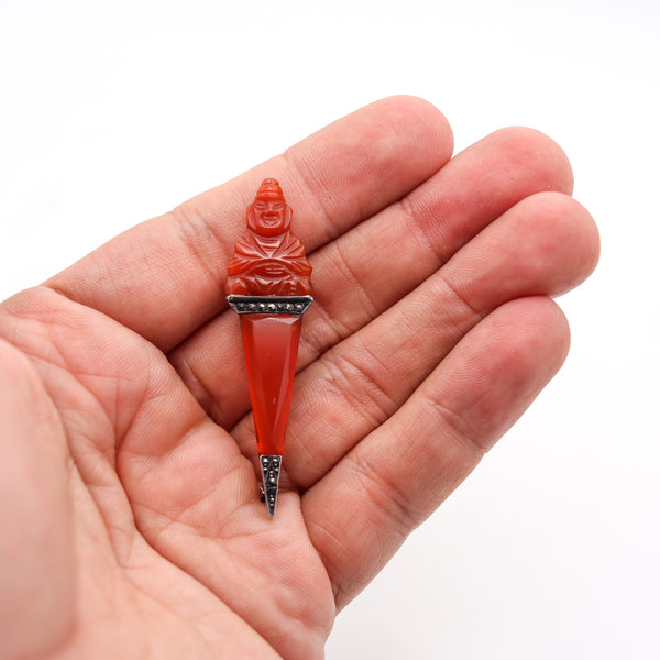 -Germany 1920 Art Deco Carved Carnelian Buddha Brooch In Sterling Silver With Marcasite