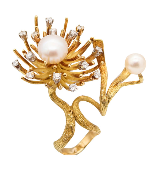 CARTIER 1970 Roger Lucas Sculptural Cocktail Ring With Diamonds & Pearls