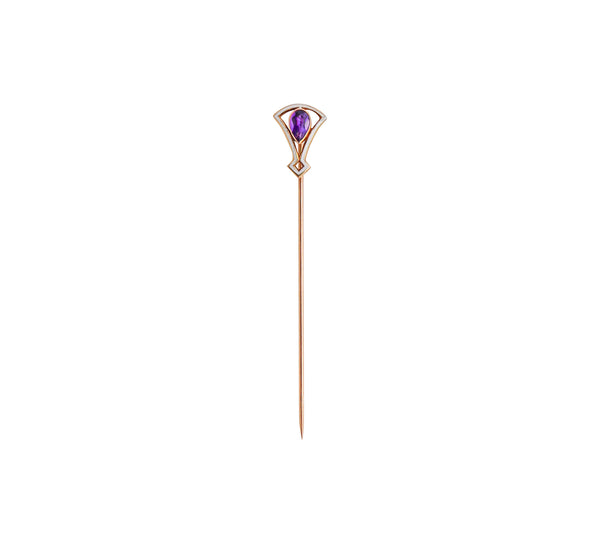 -Art Deco 1920 Enameled Stick Pin In 14Kt Yellow Gold With Purple Amethyst