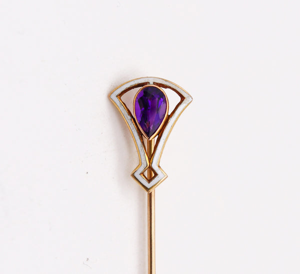 -Art Deco 1920 Enameled Stick Pin In 14Kt Yellow Gold With Purple Amethyst